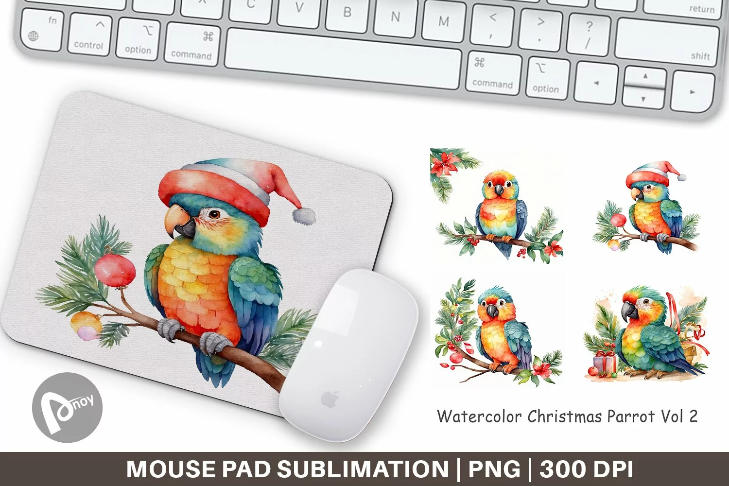 Mouse Pad Watercolor Christmas Parrot product image 1