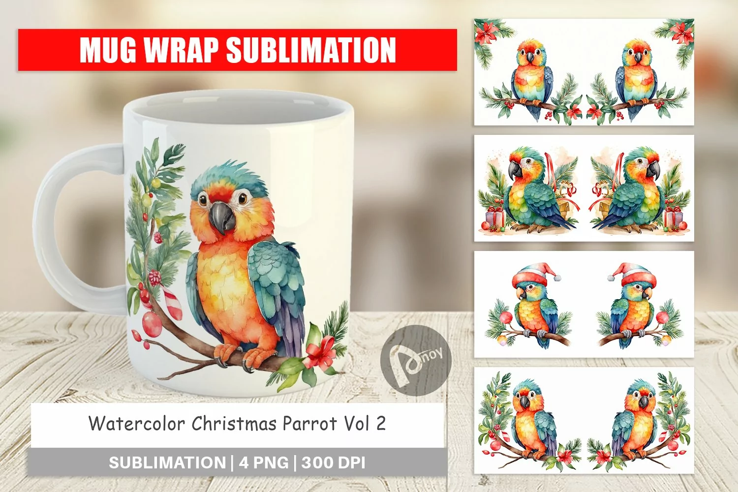 Mug Wrap Design Watercolor Christmas Parrot product image 1