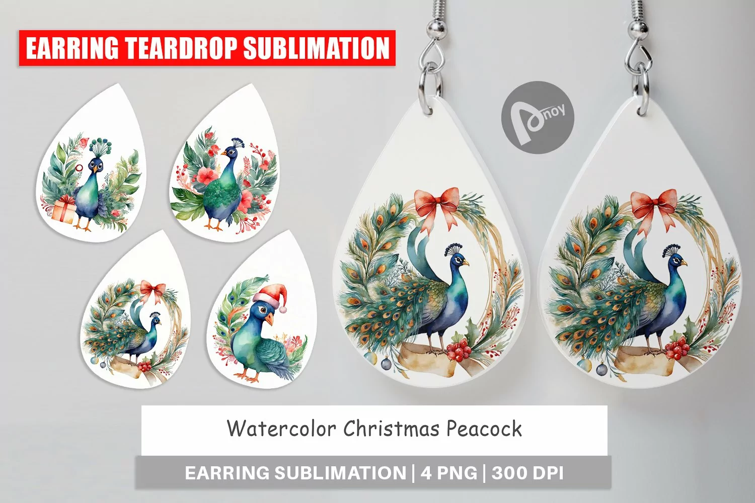 Earring Teardrop Watercolor Christmas Peacock product image 1