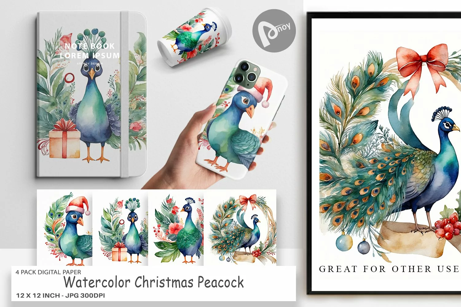 Digital Paper Watercolor Christmas Peacock product image 1