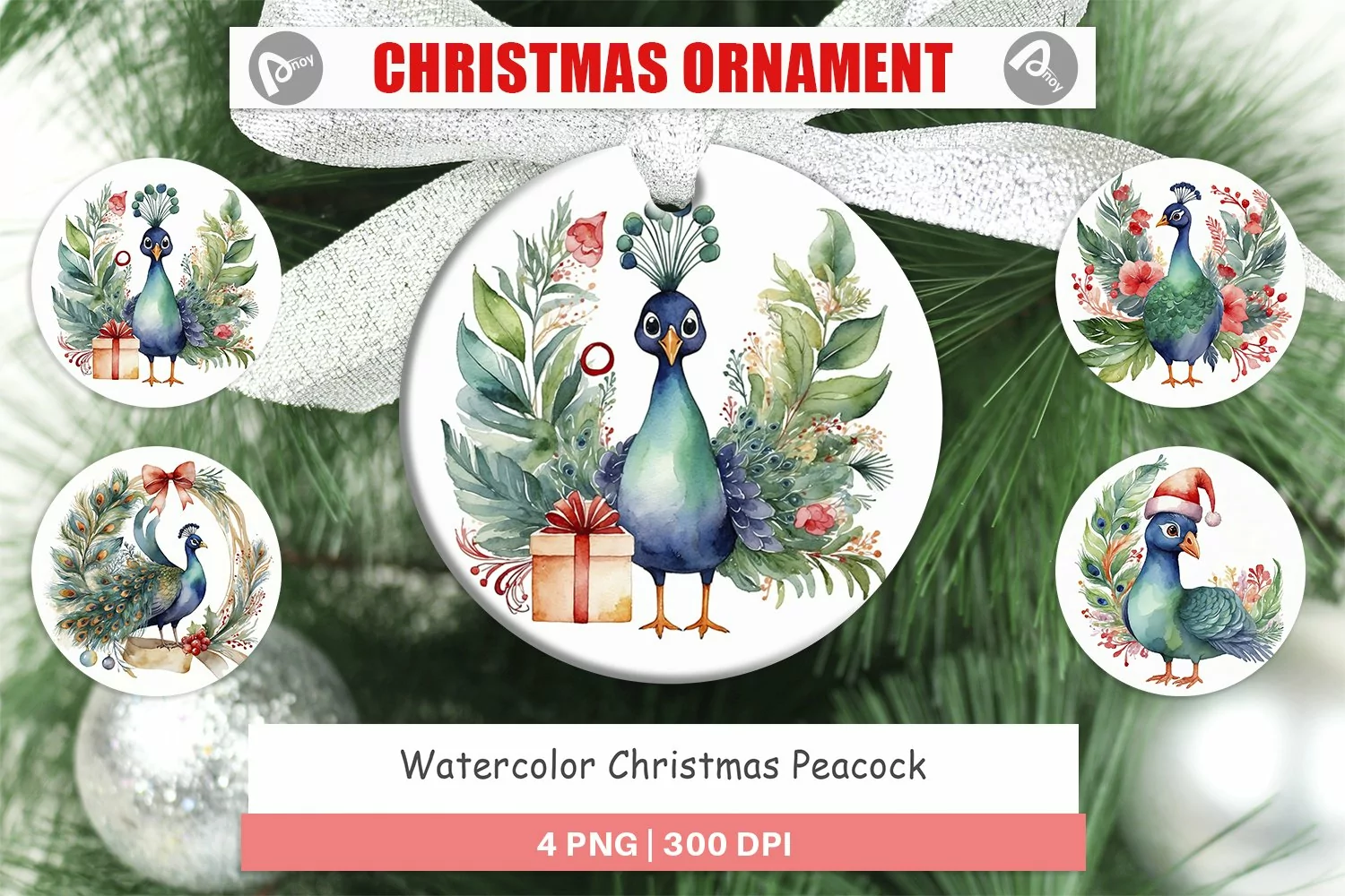 Christmas Ornaments Watercolor Christmas Peacock product image 1