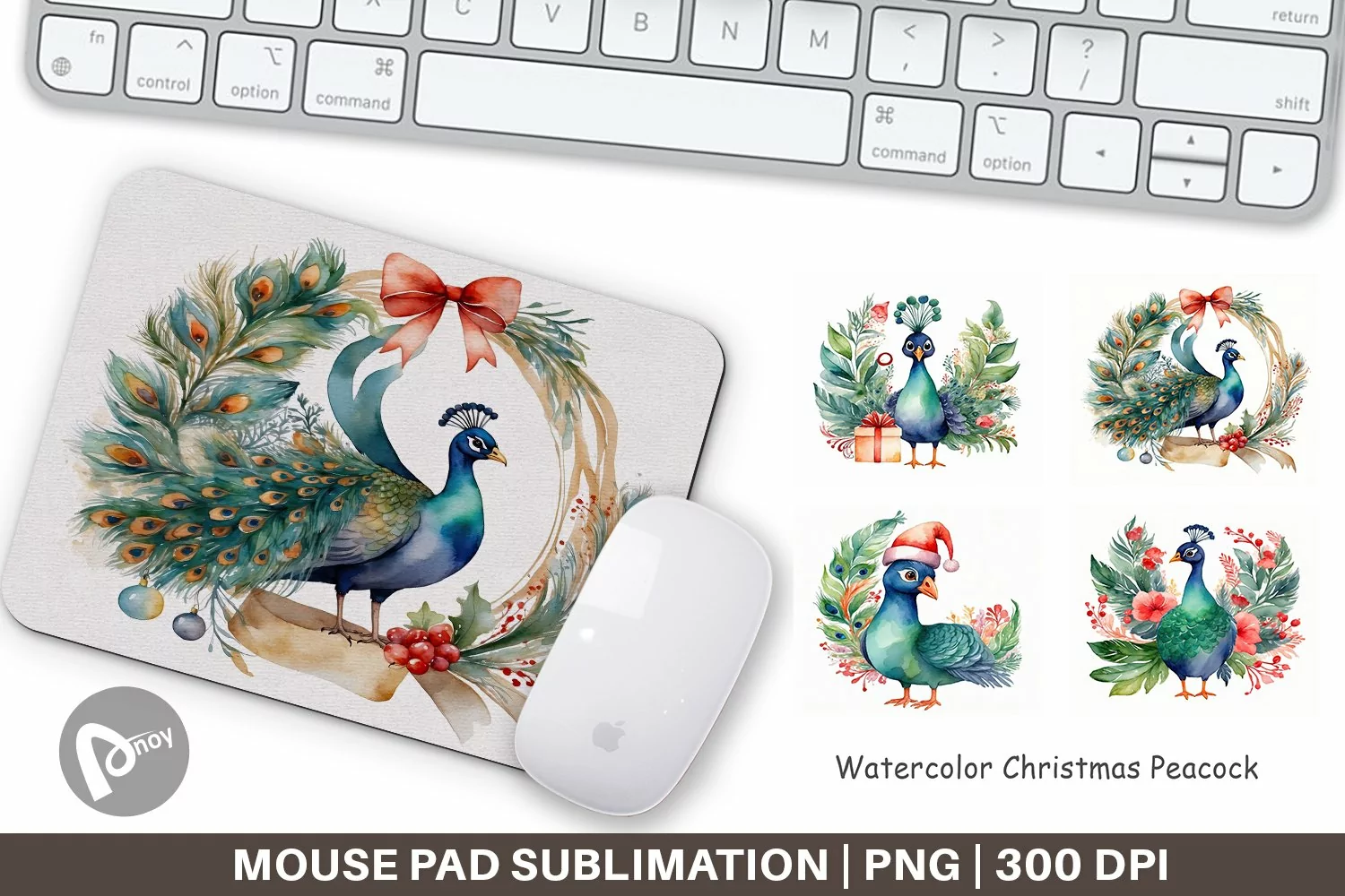 Mouse Pad Watercolor Christmas Peacock product image 1