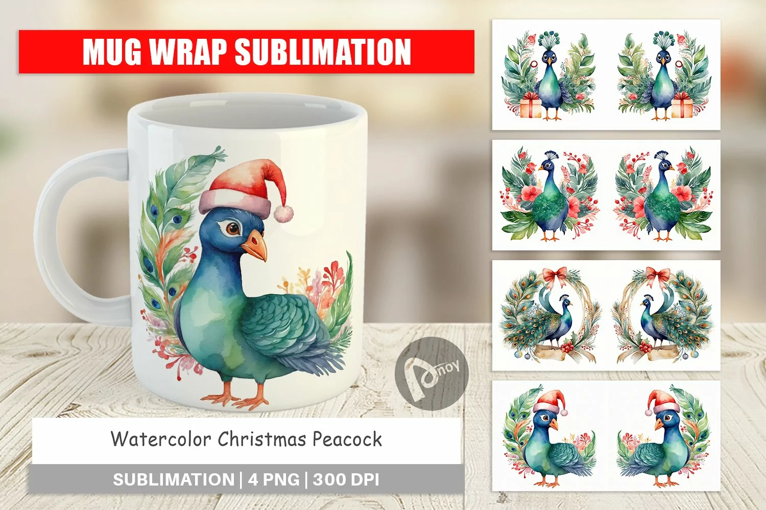 Mug Wrap Design Watercolor Christmas Peacock product image 1