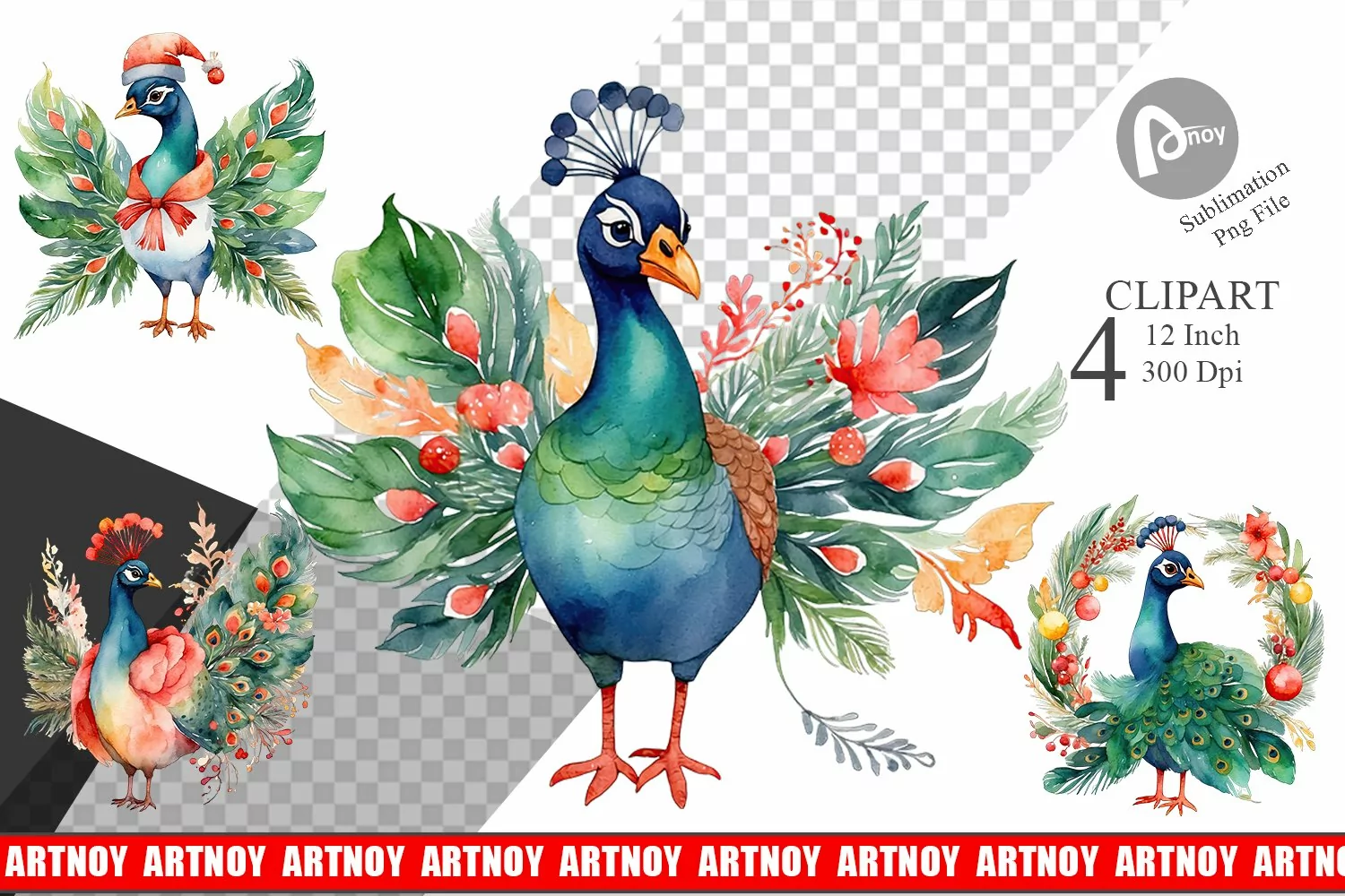 Clipart Watercolor Christmas Peacock product image 1