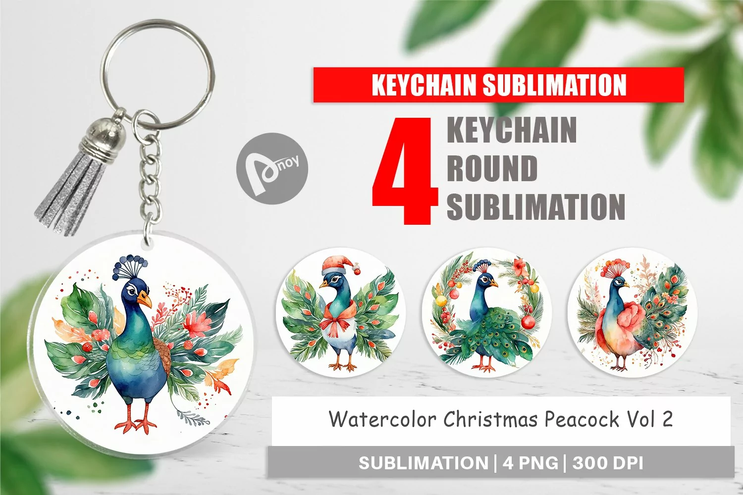 Keychain Watercolor Christmas Peacock product image 1