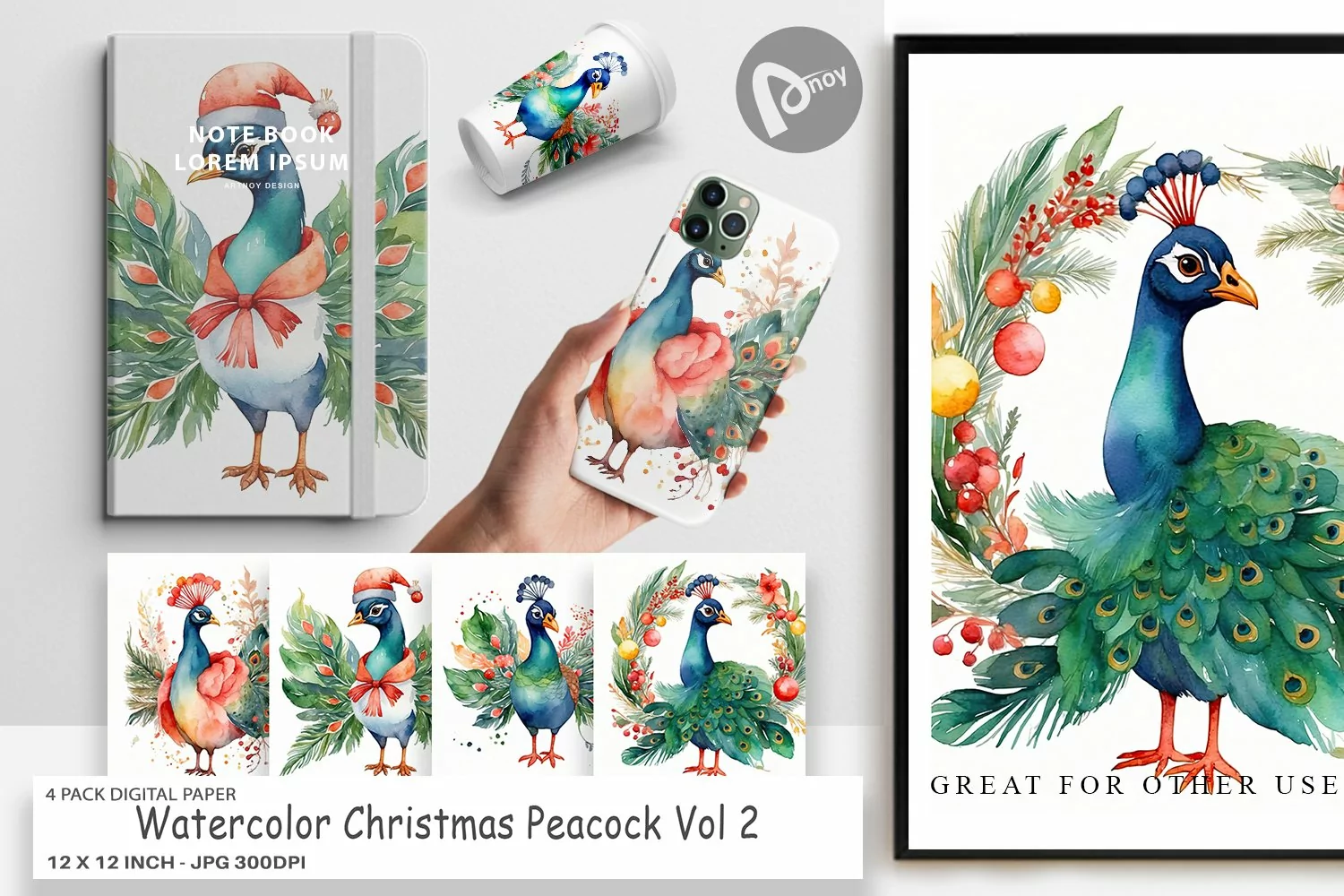 Digital Paper Watercolor Christmas Peacock product image 1