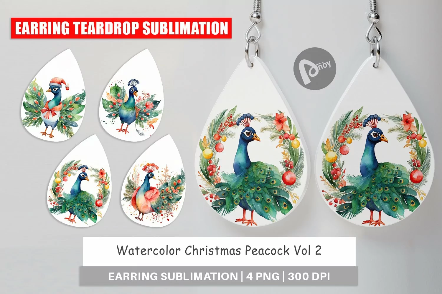 Earring Teardrop Watercolor Christmas Peacock product image 1