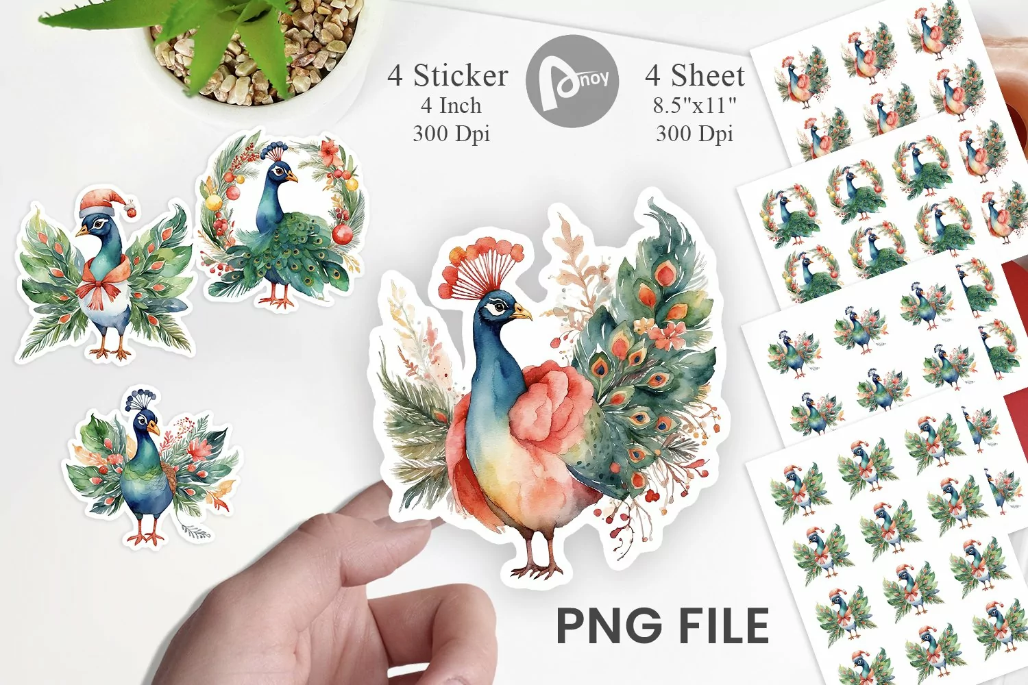 Sticker Watercolor Christmas Peacock product image 1