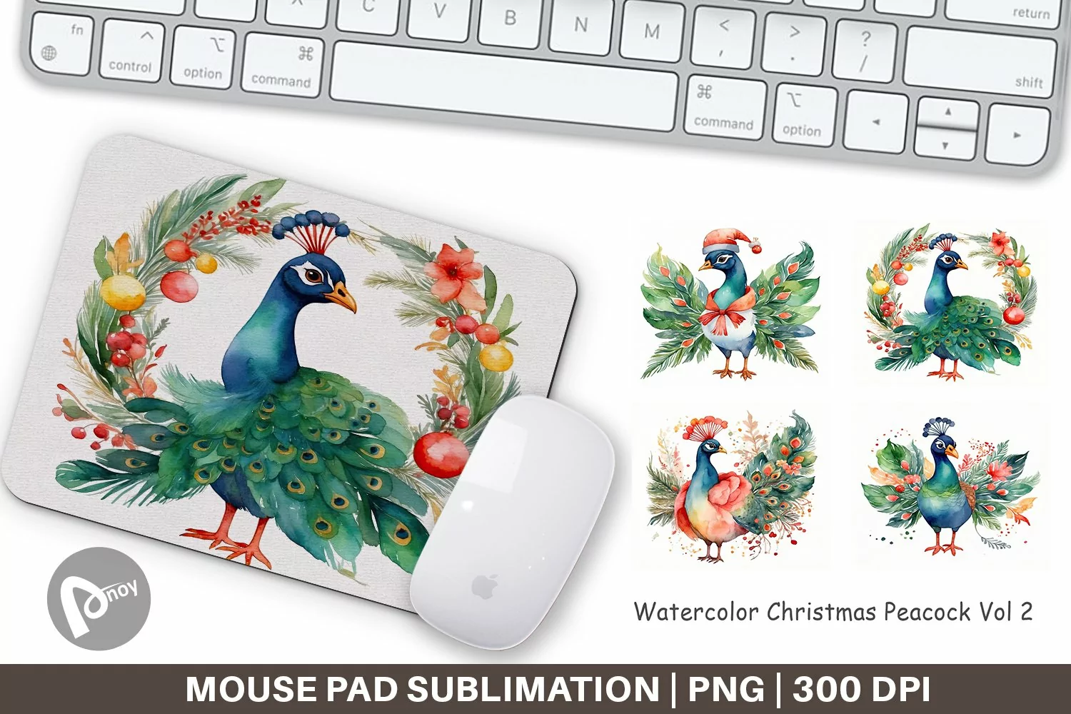 Mouse Pad Watercolor Christmas Peacock product image 1