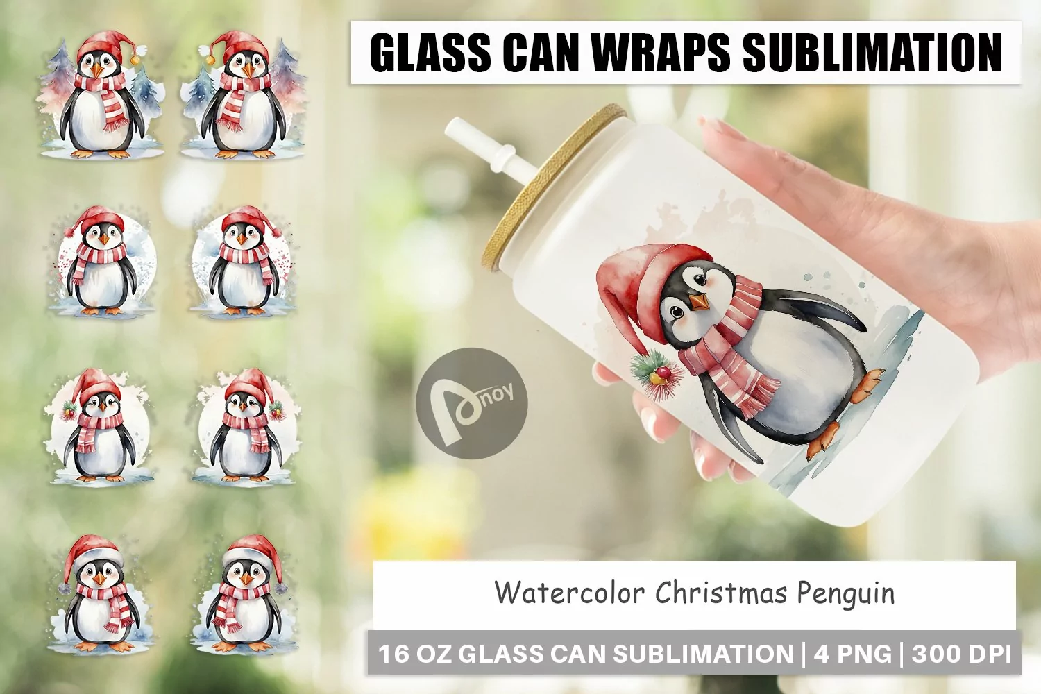 Glass Can Wraps Watercolor Christmas Penguin product image 1