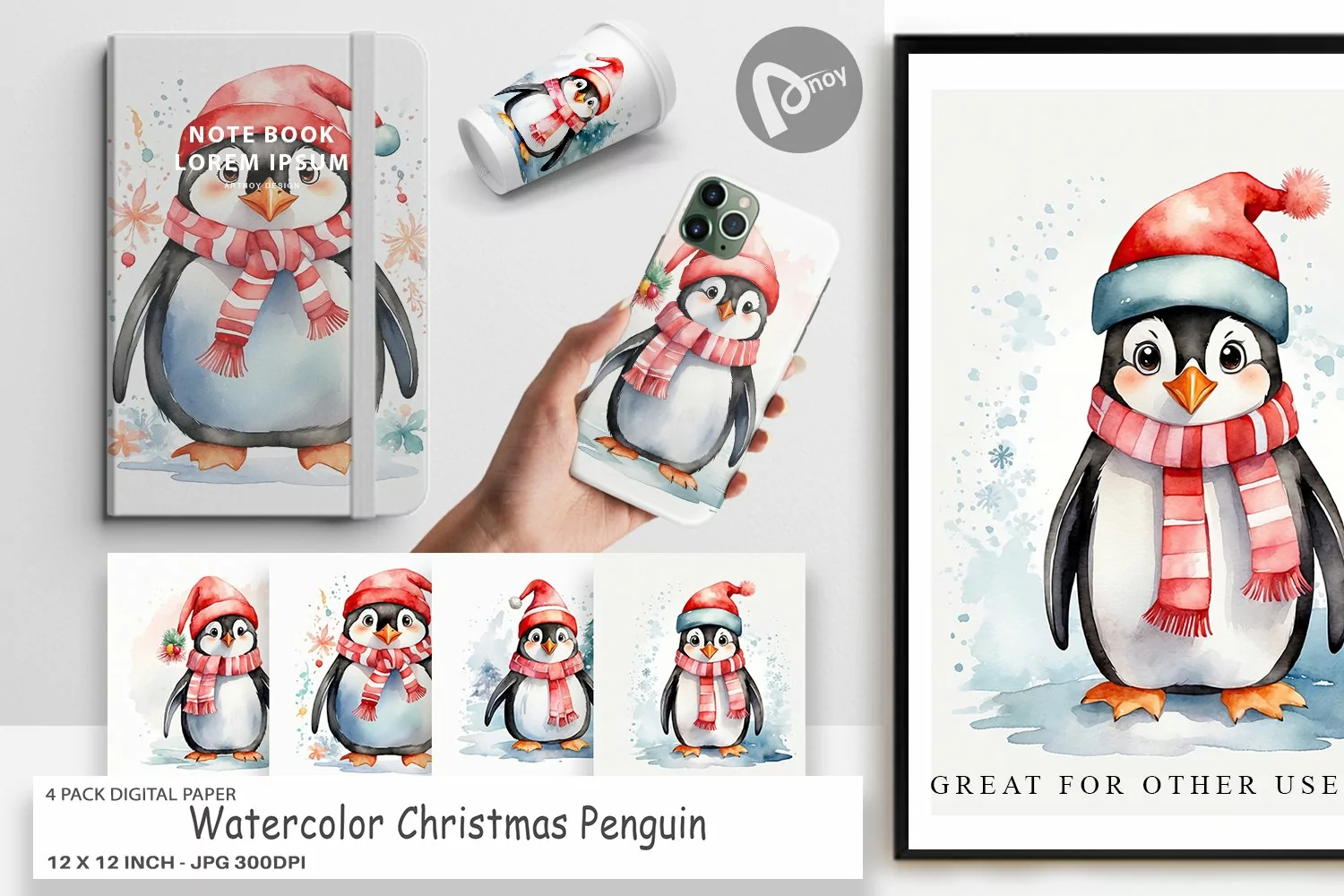 Digital Paper Watercolor Christmas Penguin product image 1
