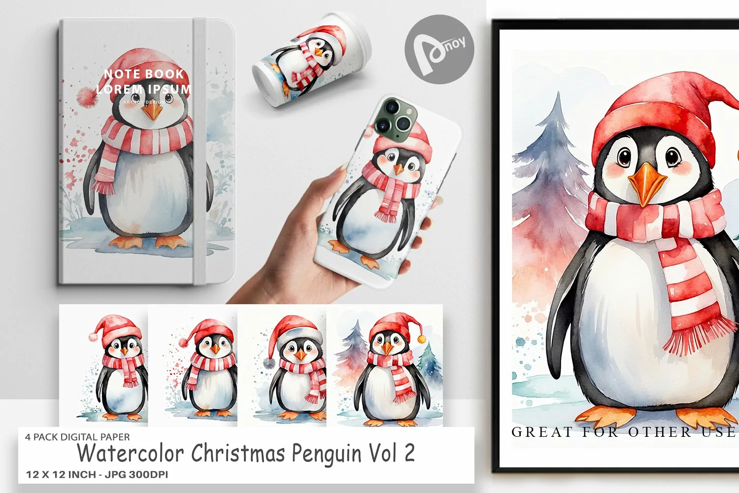 Digital Paper Watercolor Christmas Penguin product image 1