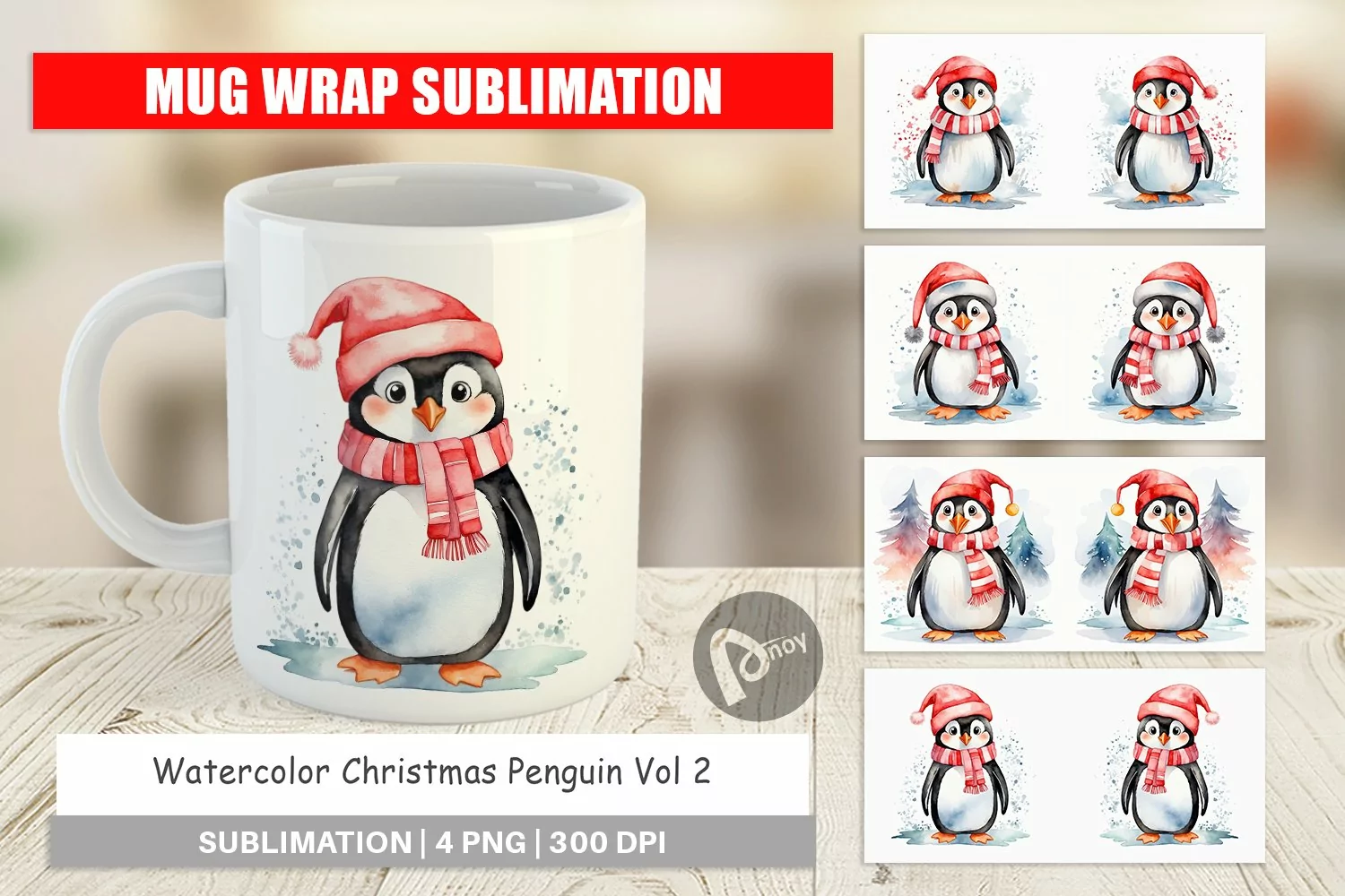 Mug Wrap Design Watercolor Christmas Penguin product image 1