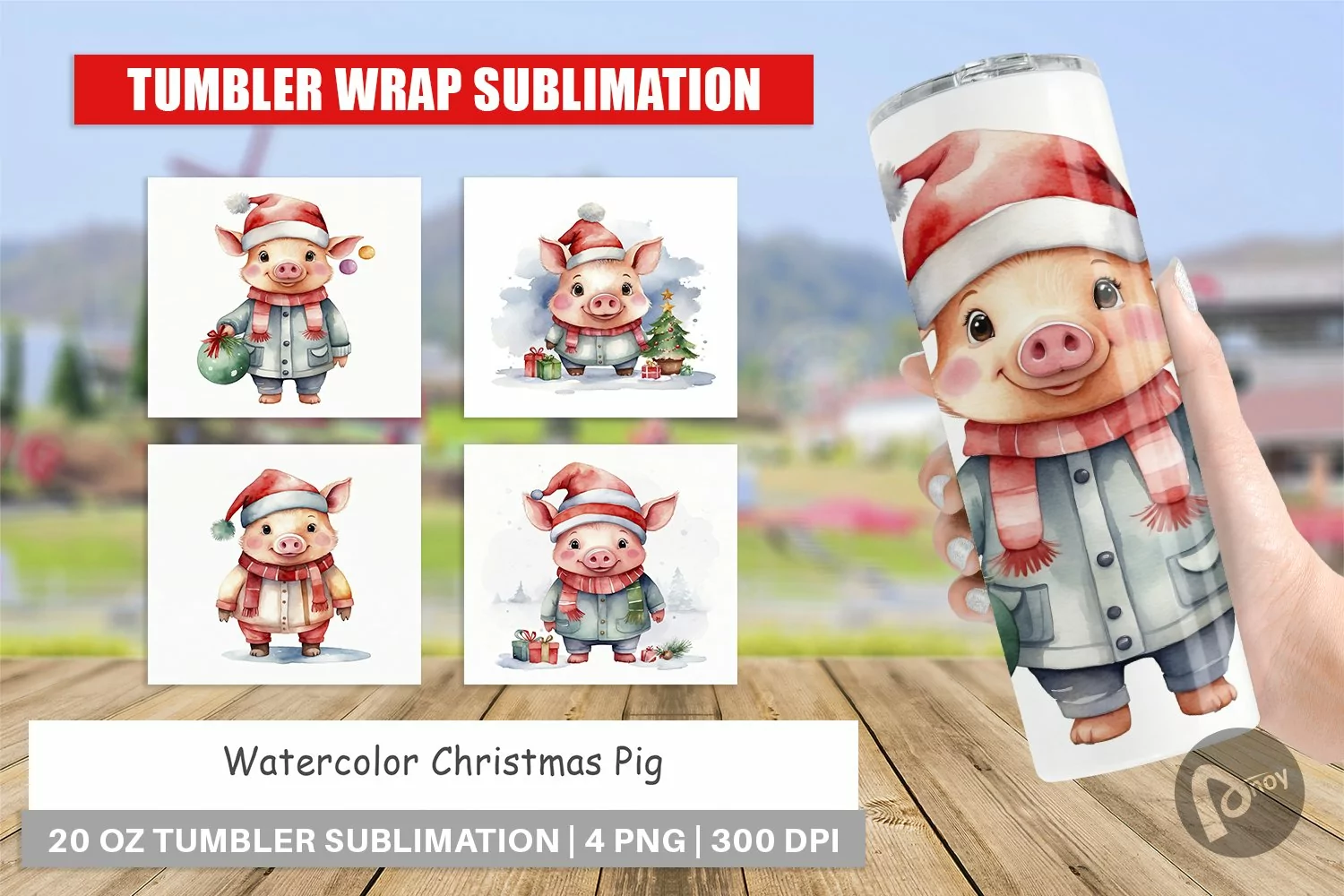 Tumbler Wrap Watercolor Christmas Pig product image 1