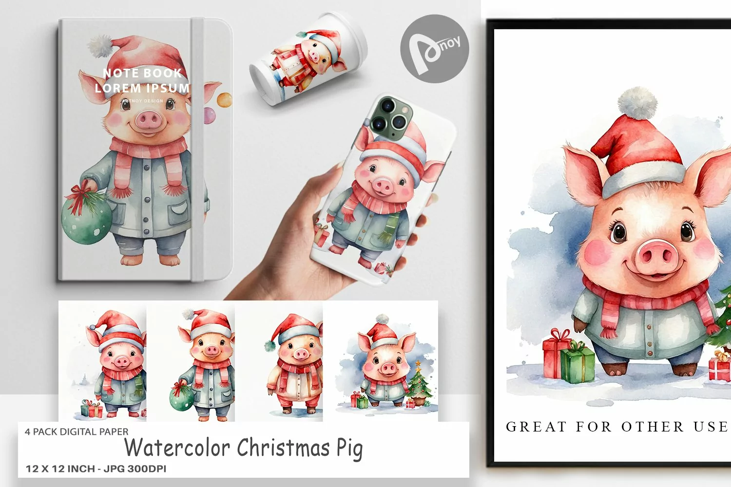 Digital Paper Watercolor Christmas Pig product image 1