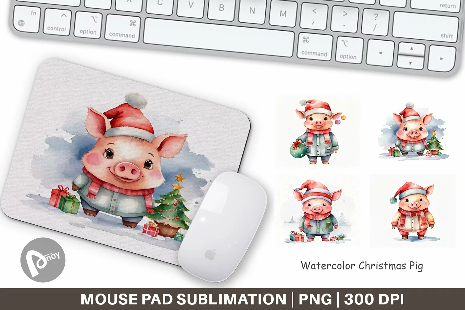 Mouse Pad Watercolor Christmas Pig product image 1
