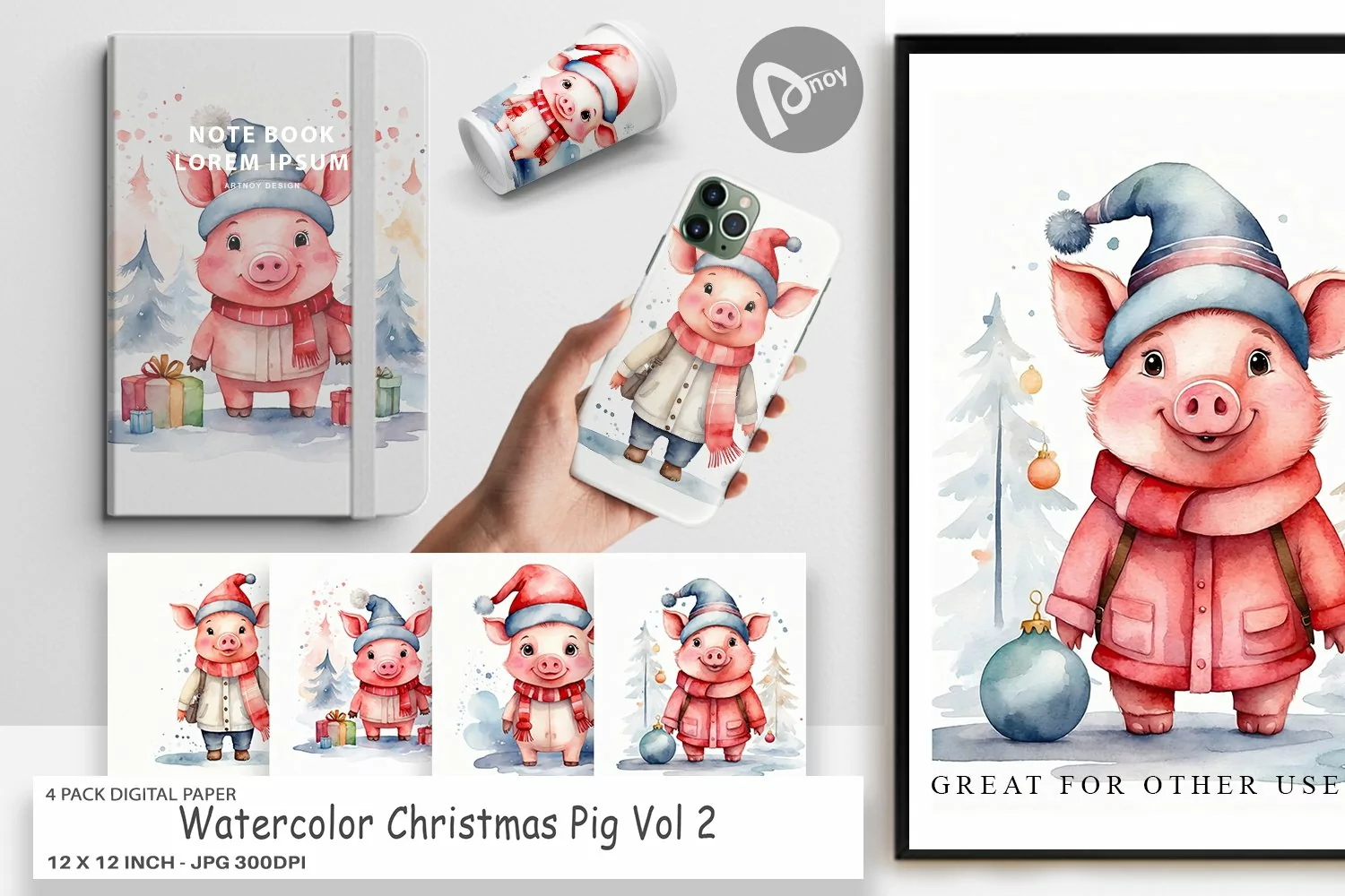 Digital Paper Watercolor Christmas Pig product image 1