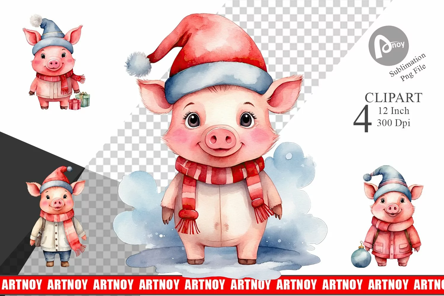 Clipart Watercolor Christmas Pig product image 1