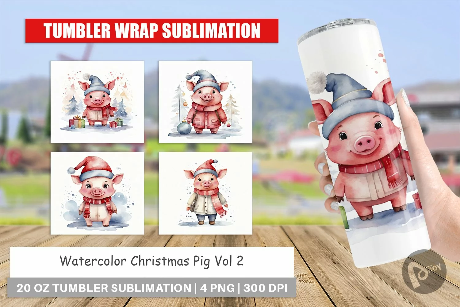 Tumbler Wrap Watercolor Christmas Pig product image 1