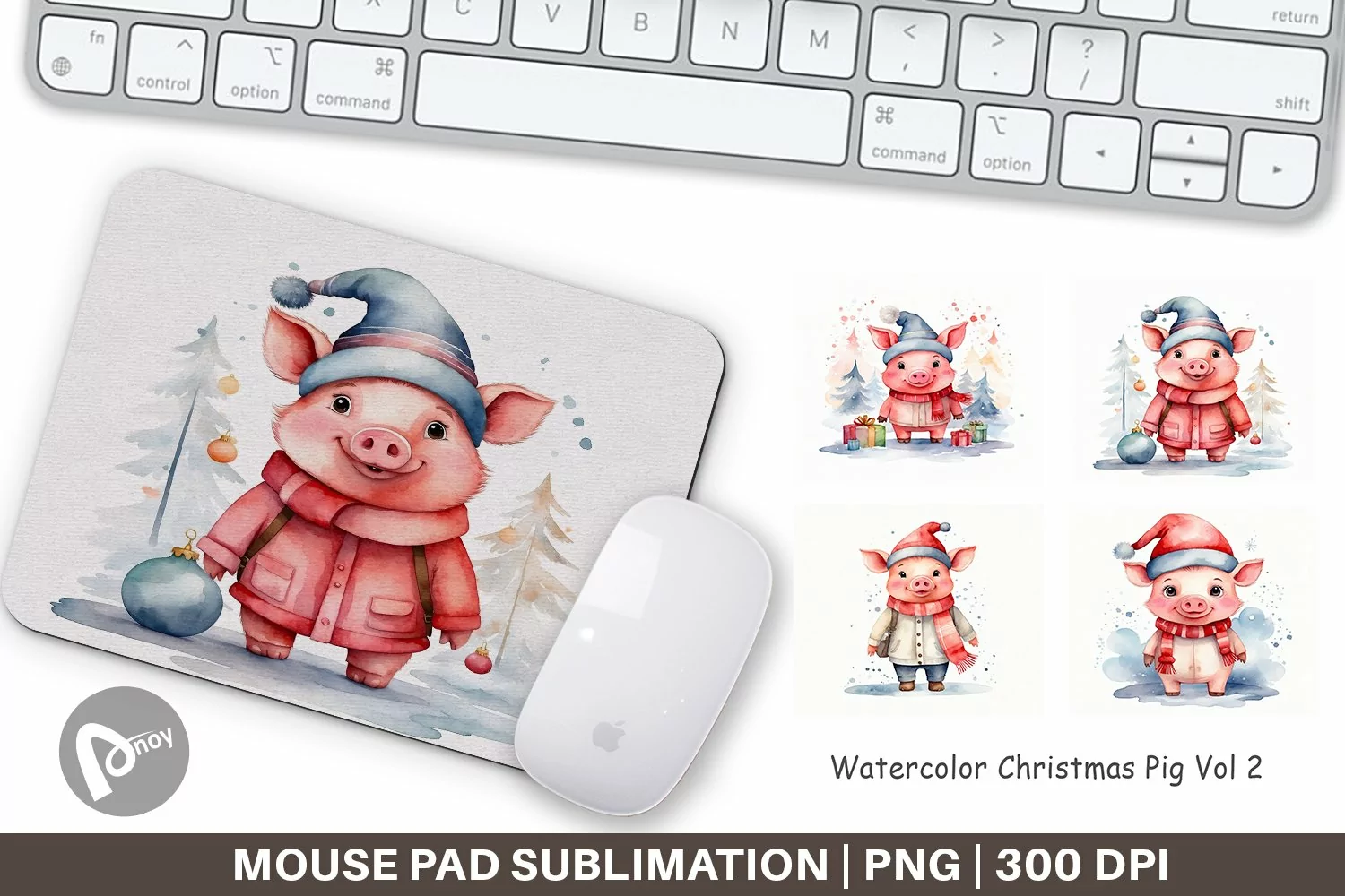 Mouse Pad Watercolor Christmas Pig product image 1