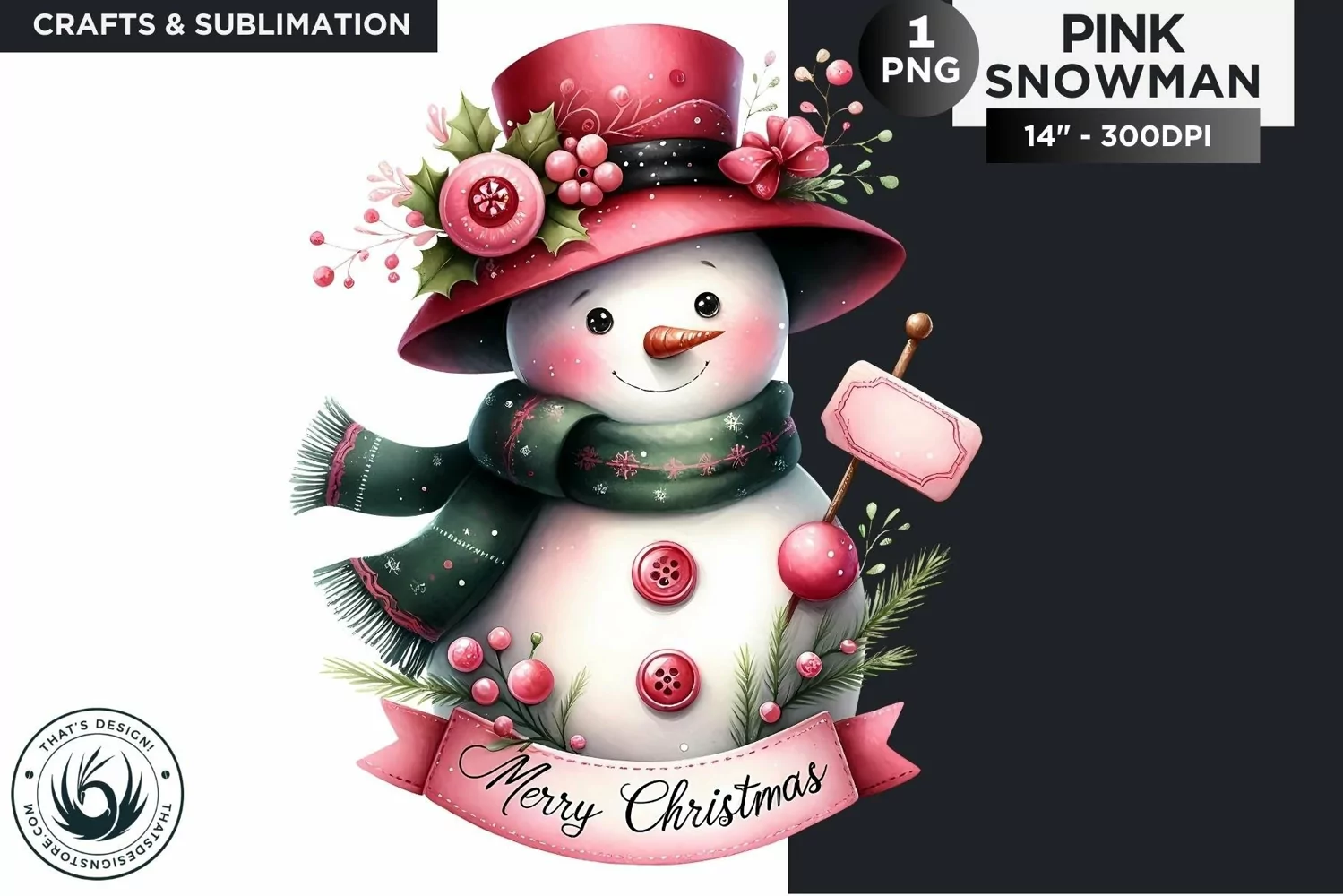 Christmas Pink Snowman PNG Clipart product image 1