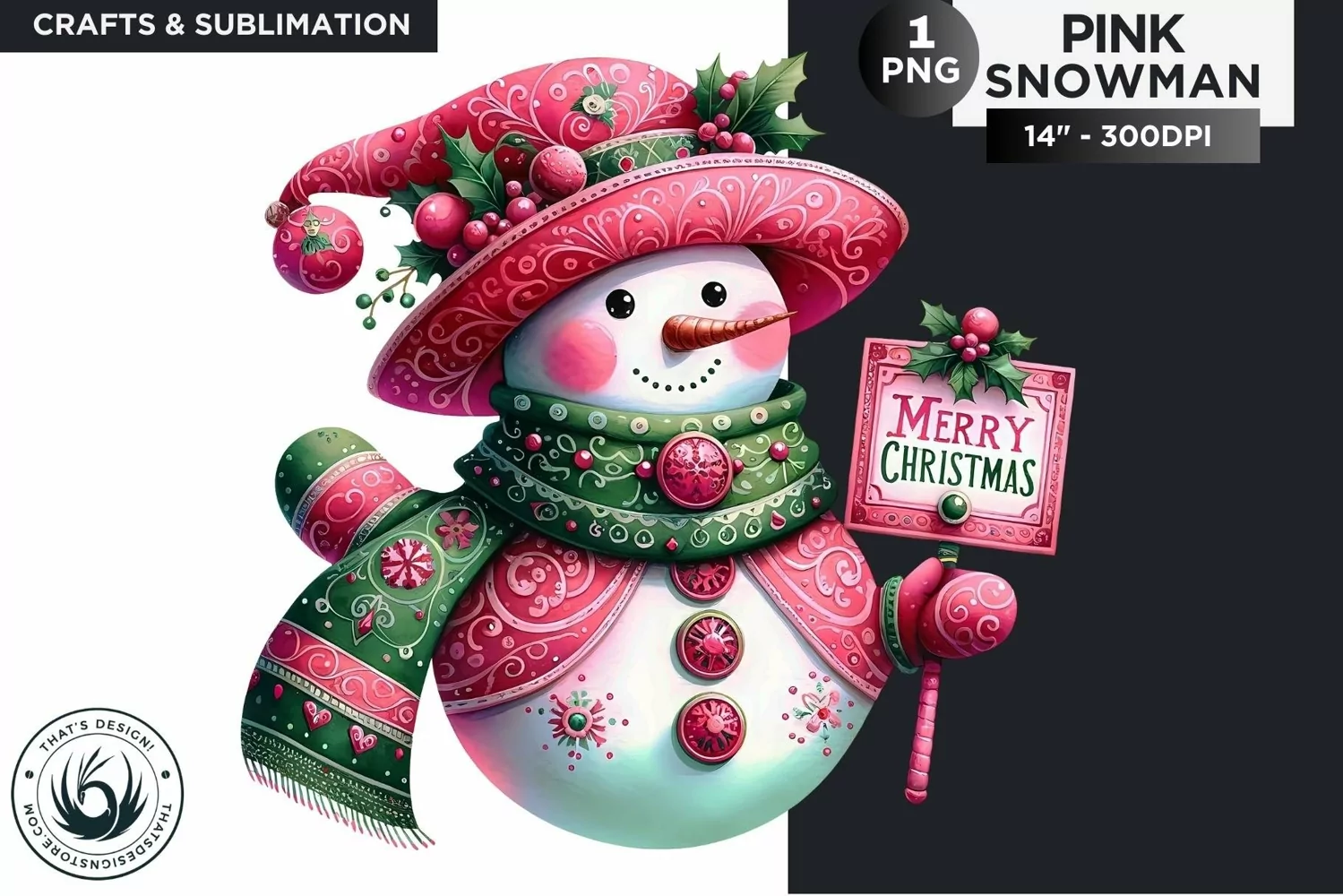 Christmas Pink Snowman PNG Clipart product image 1