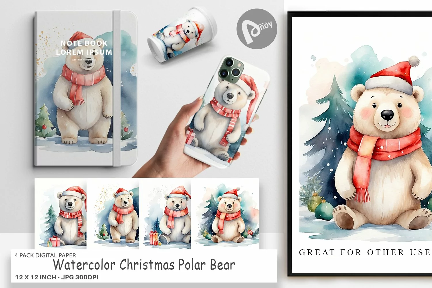 Digital Paper Watercolor Christmas Polar Bear product image 1