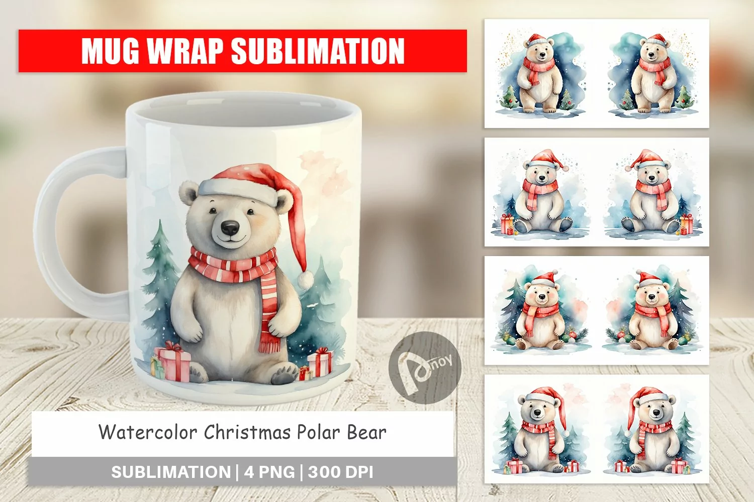 Mug Wrap Design Watercolor Christmas Polar Bear product image 1
