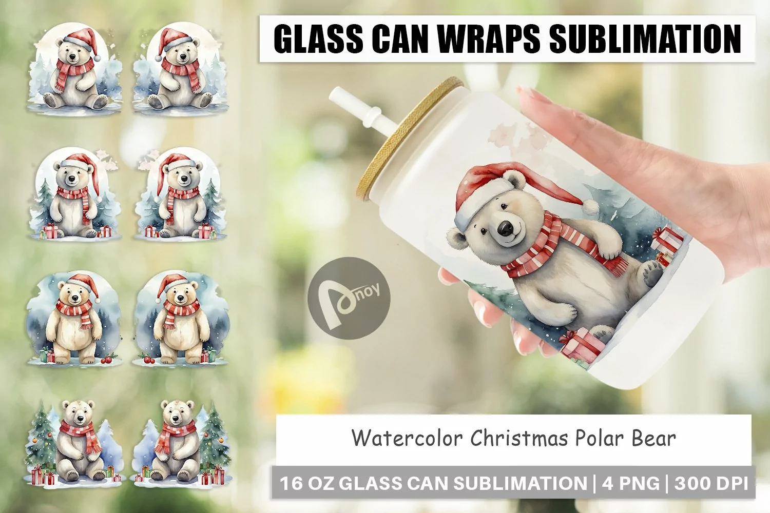 Glass Can Wraps Watercolor Christmas Polar Bear product image 1