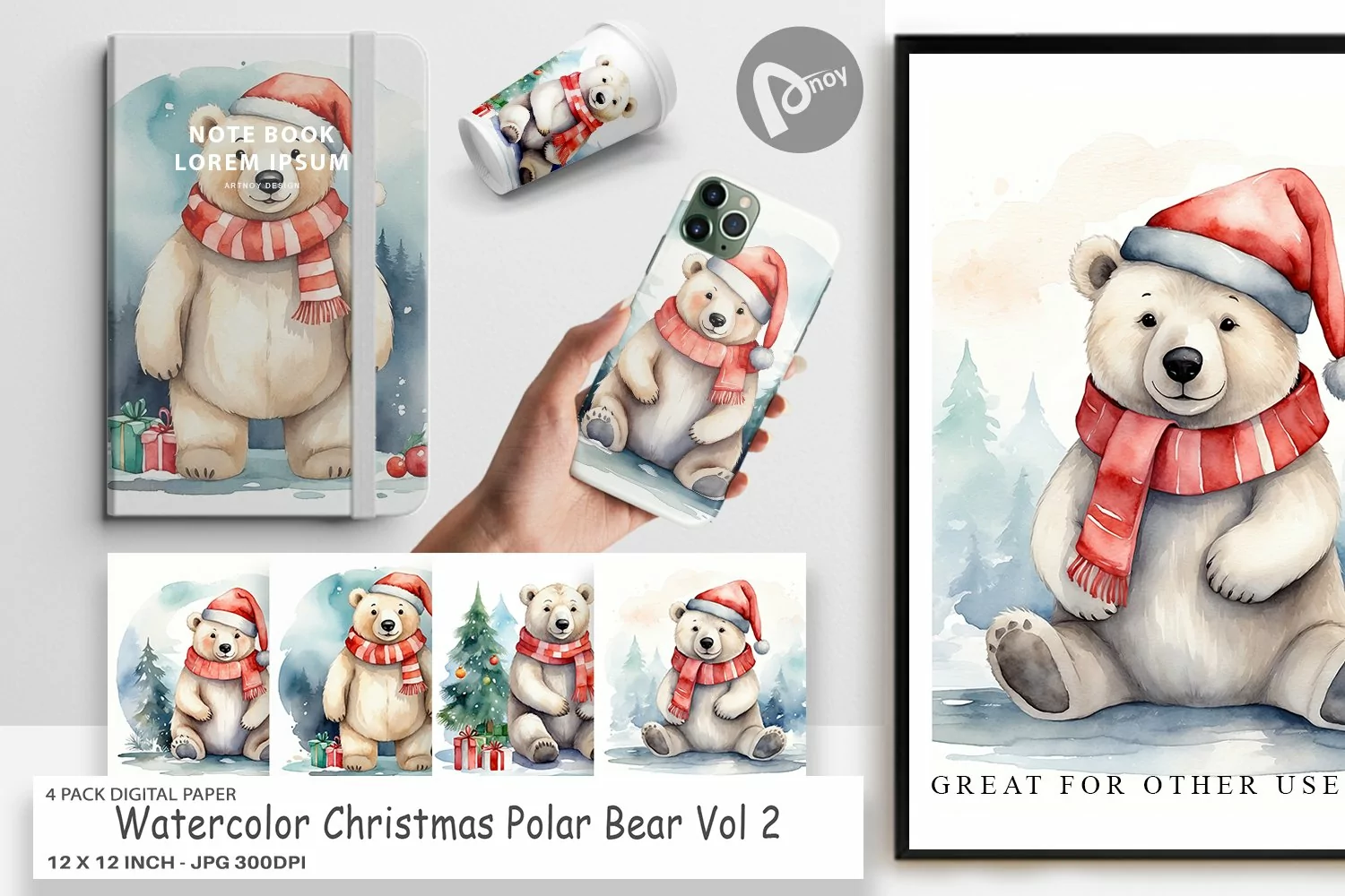 Digital Paper Watercolor Christmas Polar Bear product image 1