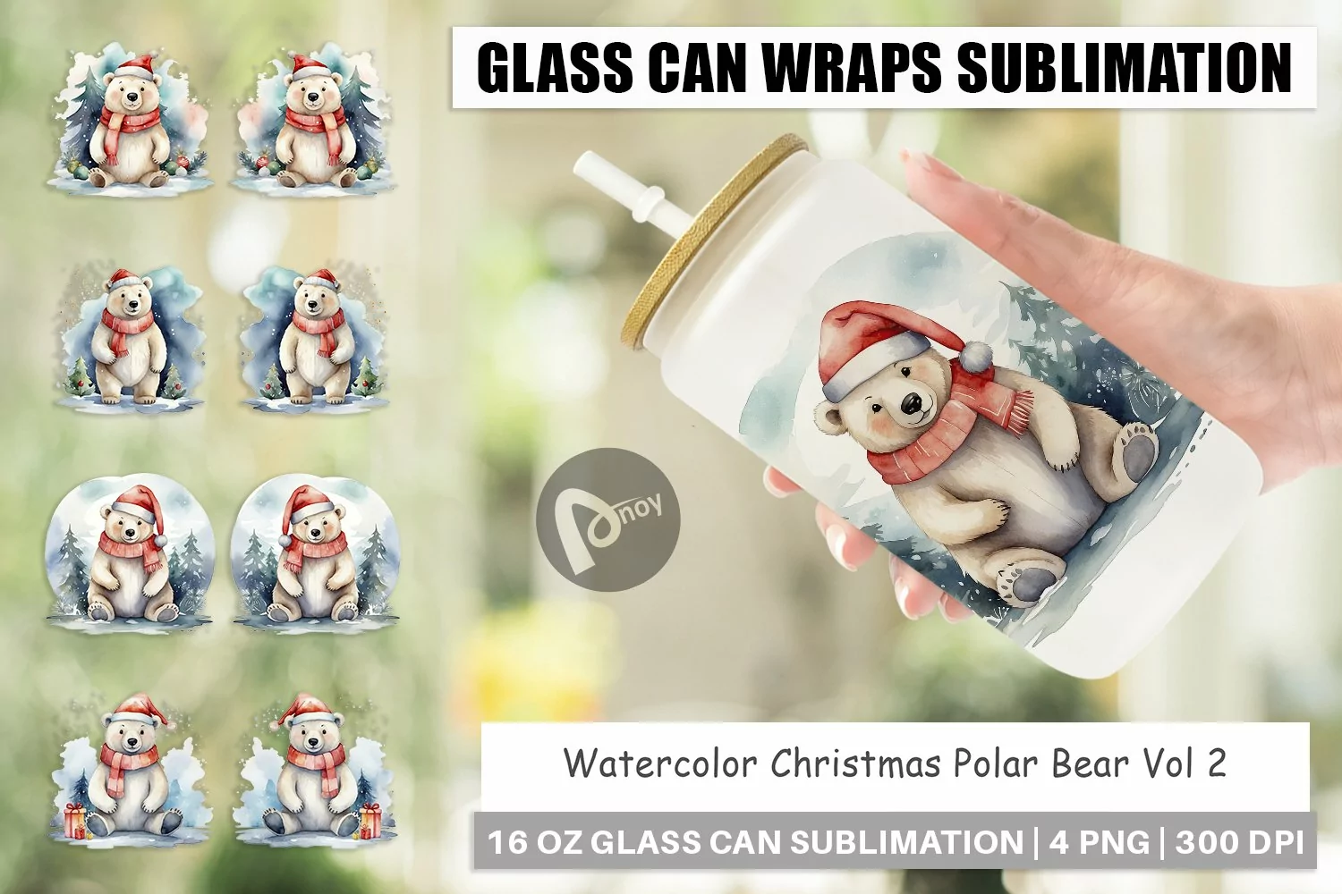 Glass Can Wraps Watercolor Christmas Polar Bear product image 1