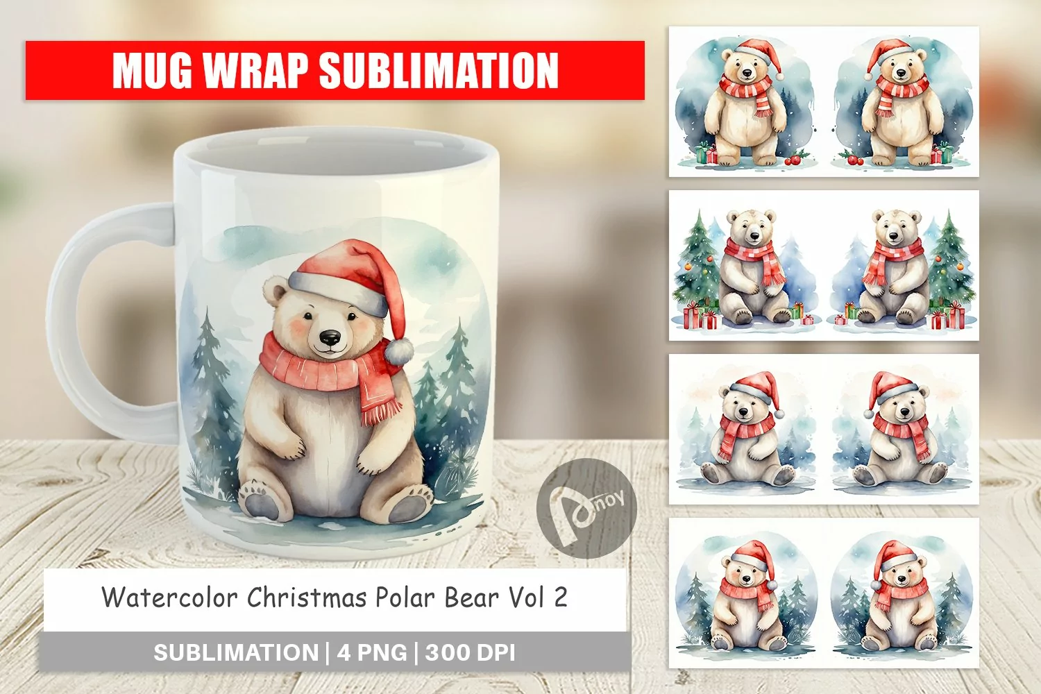 Mug Wrap Design Watercolor Christmas Polar Bear product image 1
