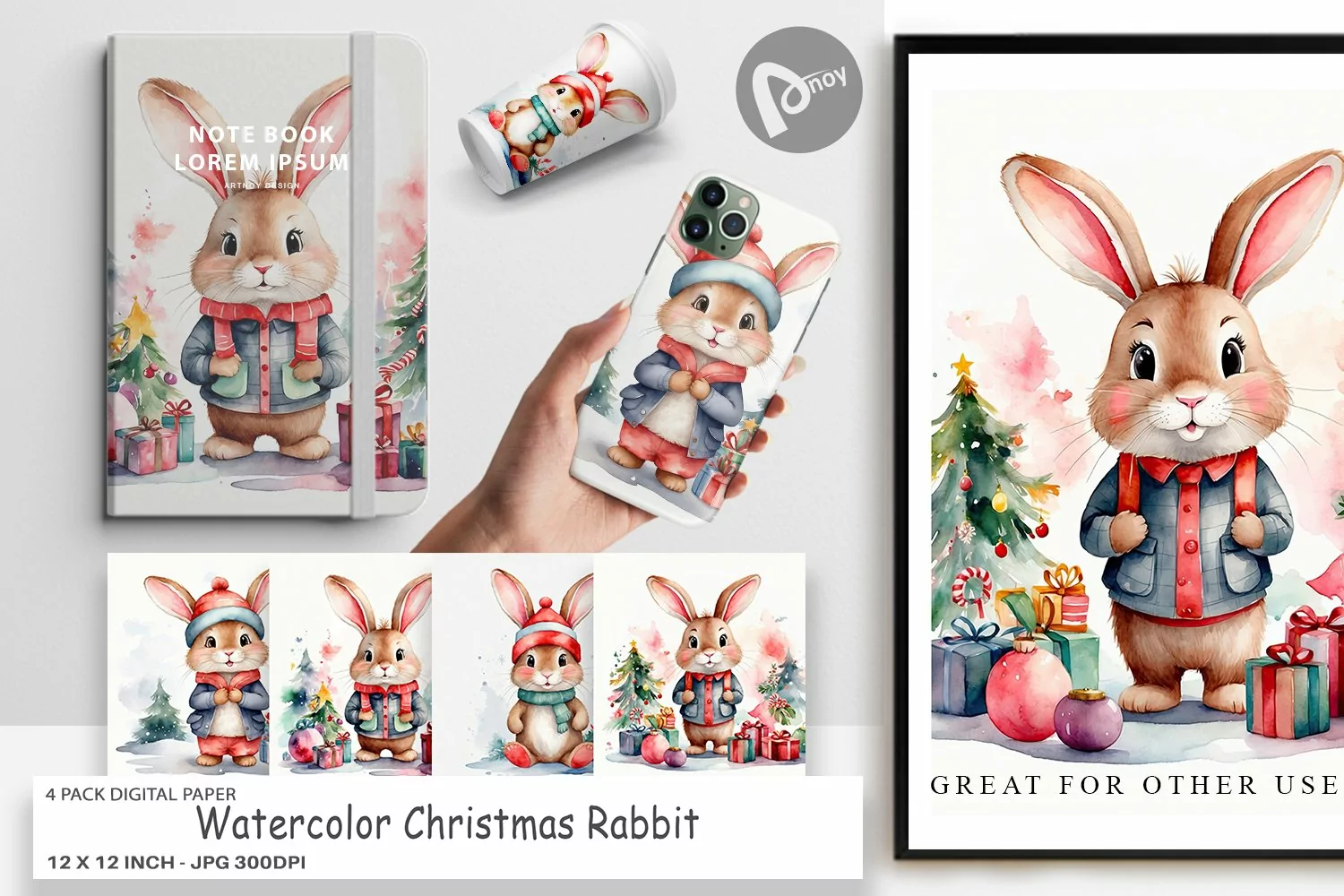 Digital Paper Watercolor Christmas Rabbit product image 1