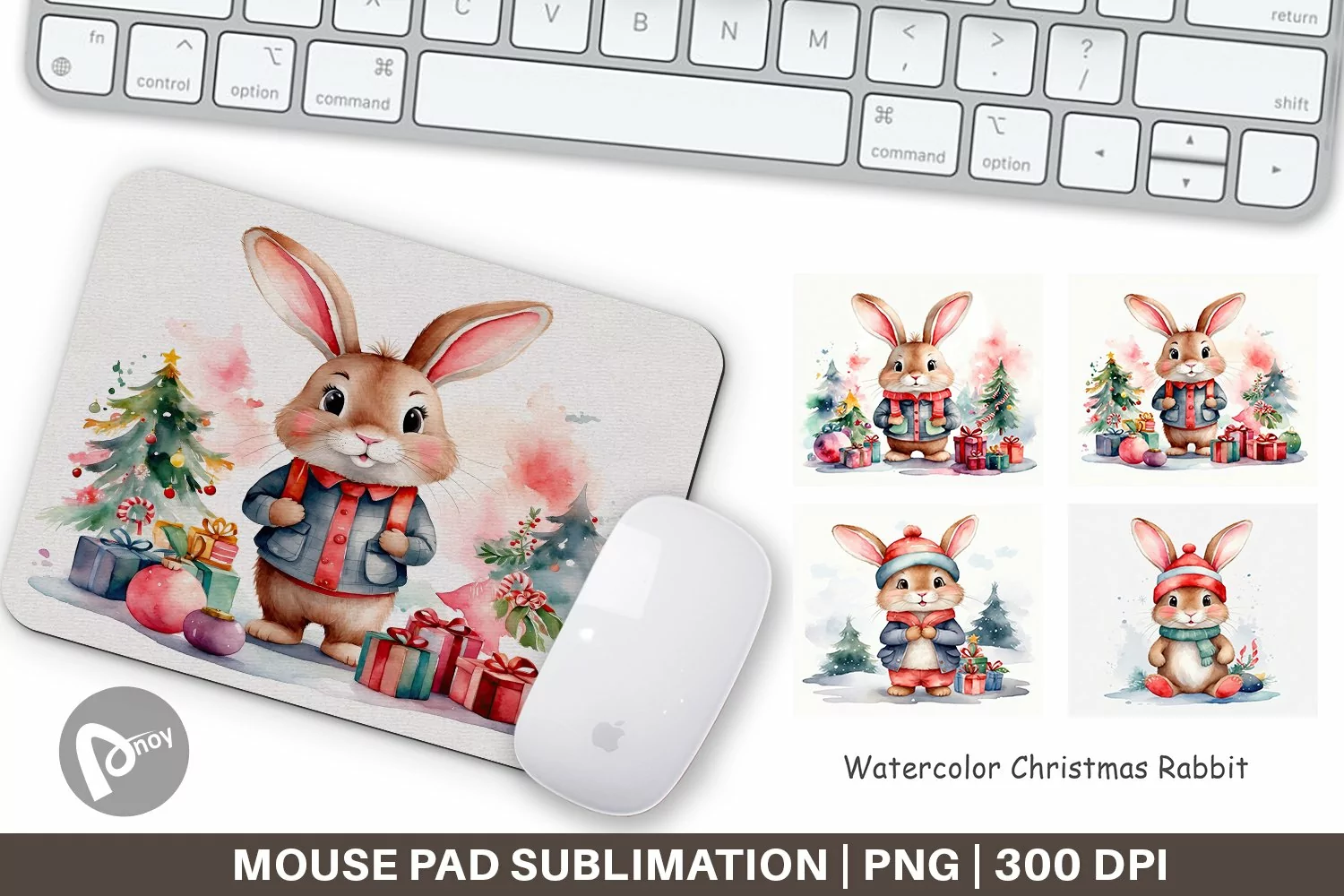 Mouse Pad Watercolor Christmas Rabbit product image 1