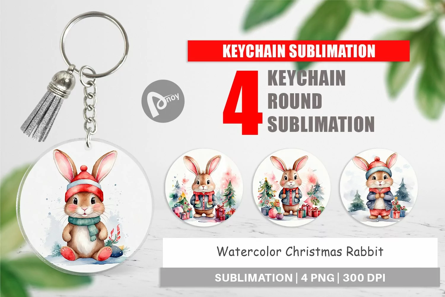 Keychain Watercolor Christmas Rabbit product image 1