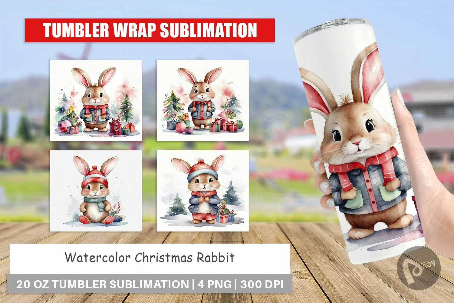 Tumbler Wrap Watercolor Christmas Rabbit product image 1