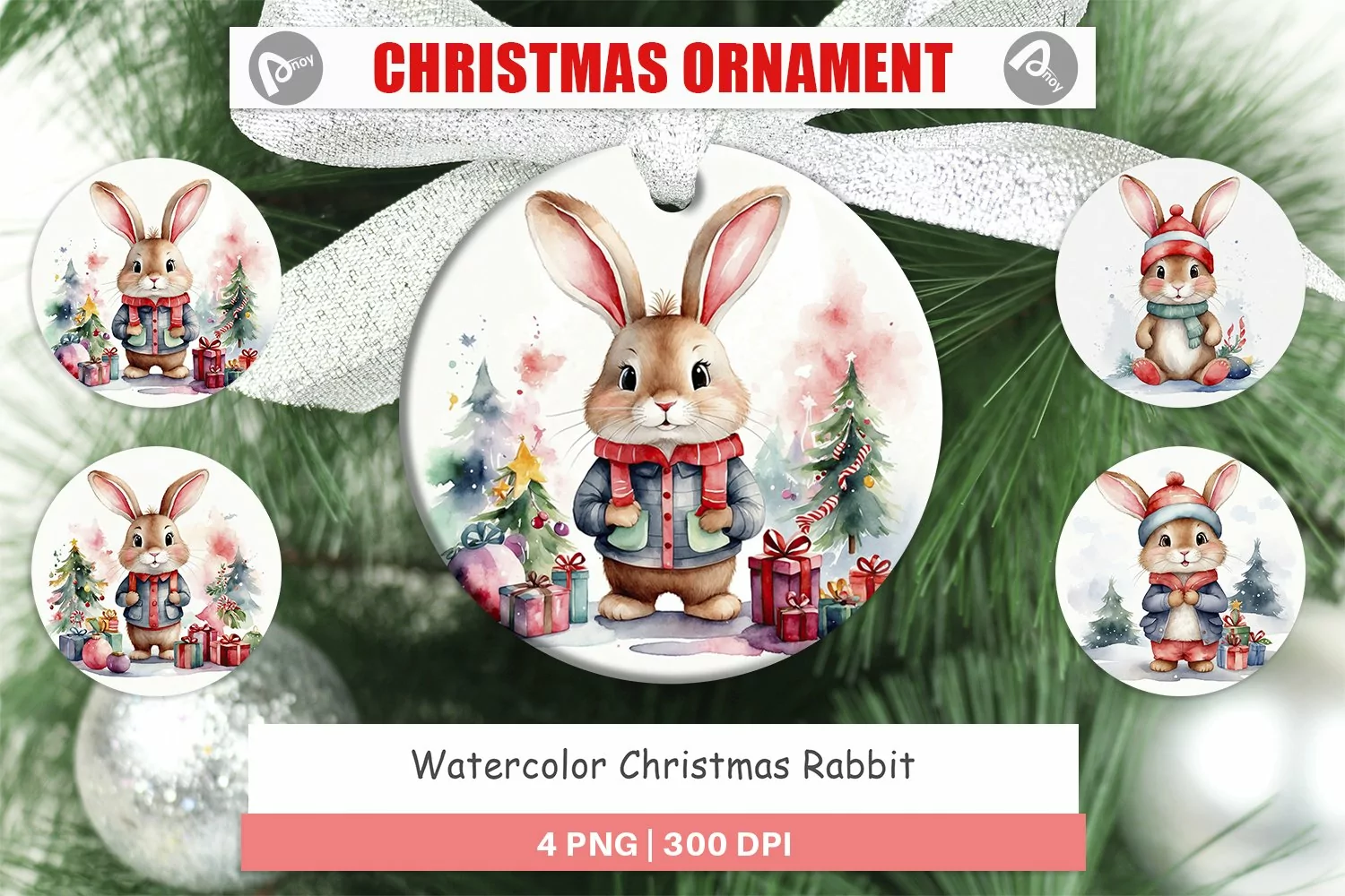 Christmas Ornaments Watercolor Christmas Rabbit product image 1