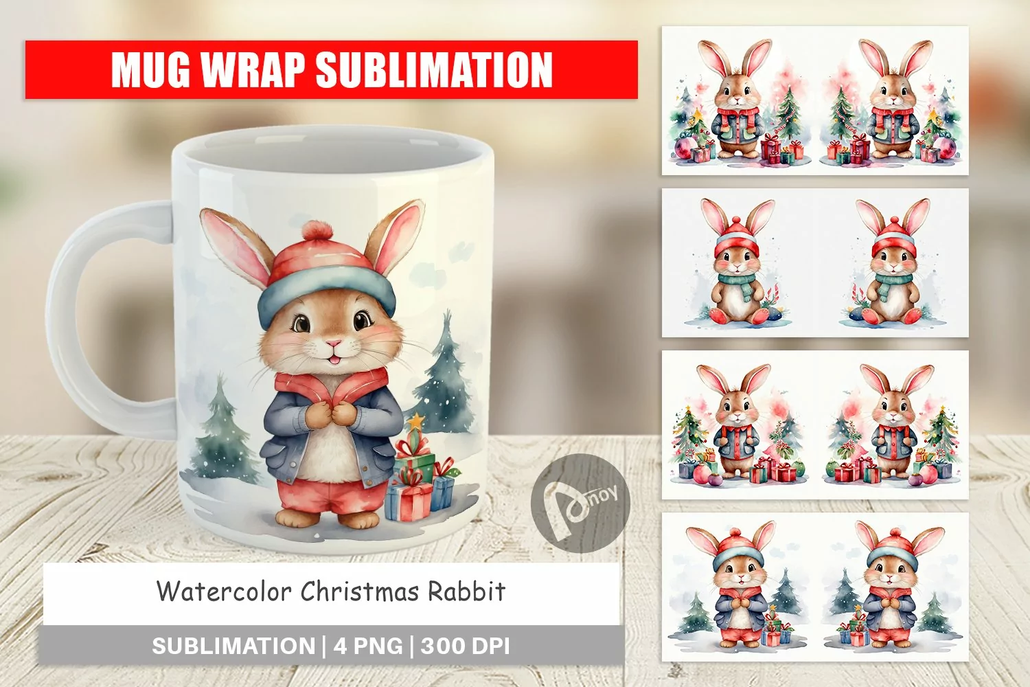 Mug Wrap Design Watercolor Christmas Rabbit product image 1