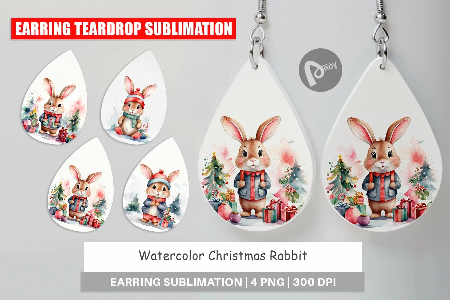 Earring Teardrop Watercolor Christmas Rabbit product image 1