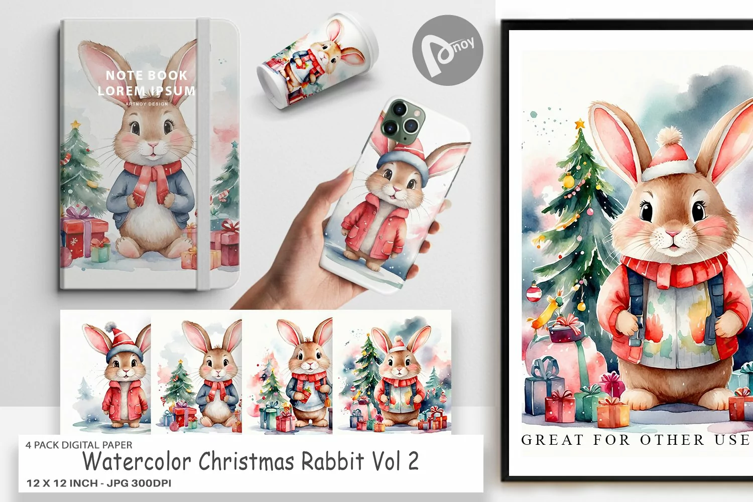 Digital Paper Watercolor Christmas Rabbit product image 1