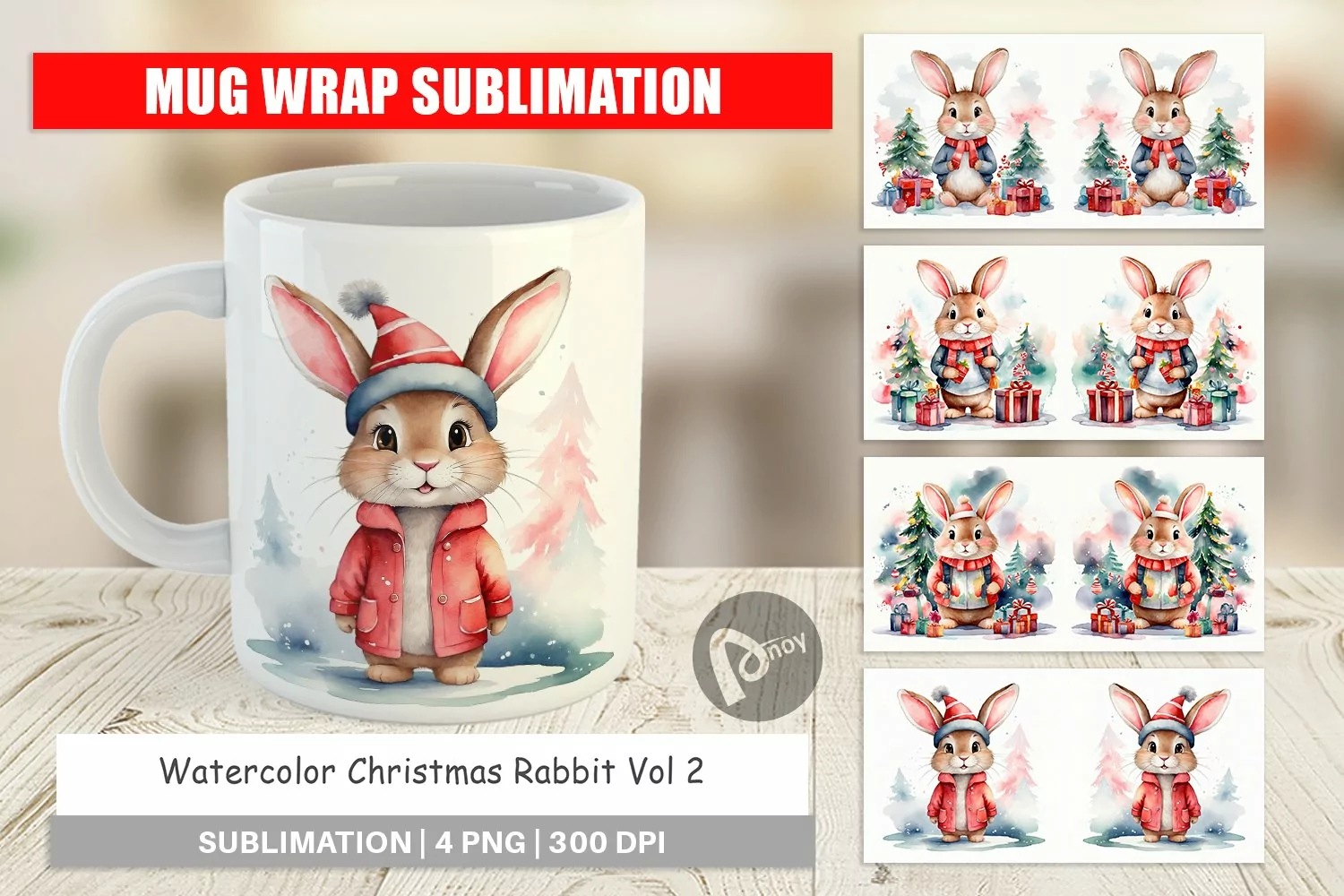 Mug Wrap Design Watercolor Christmas Rabbit product image 1