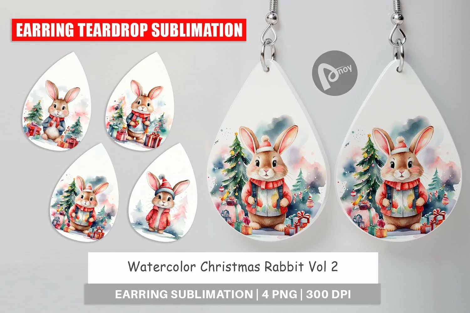 Earring Teardrop Watercolor Christmas Rabbit product image 1