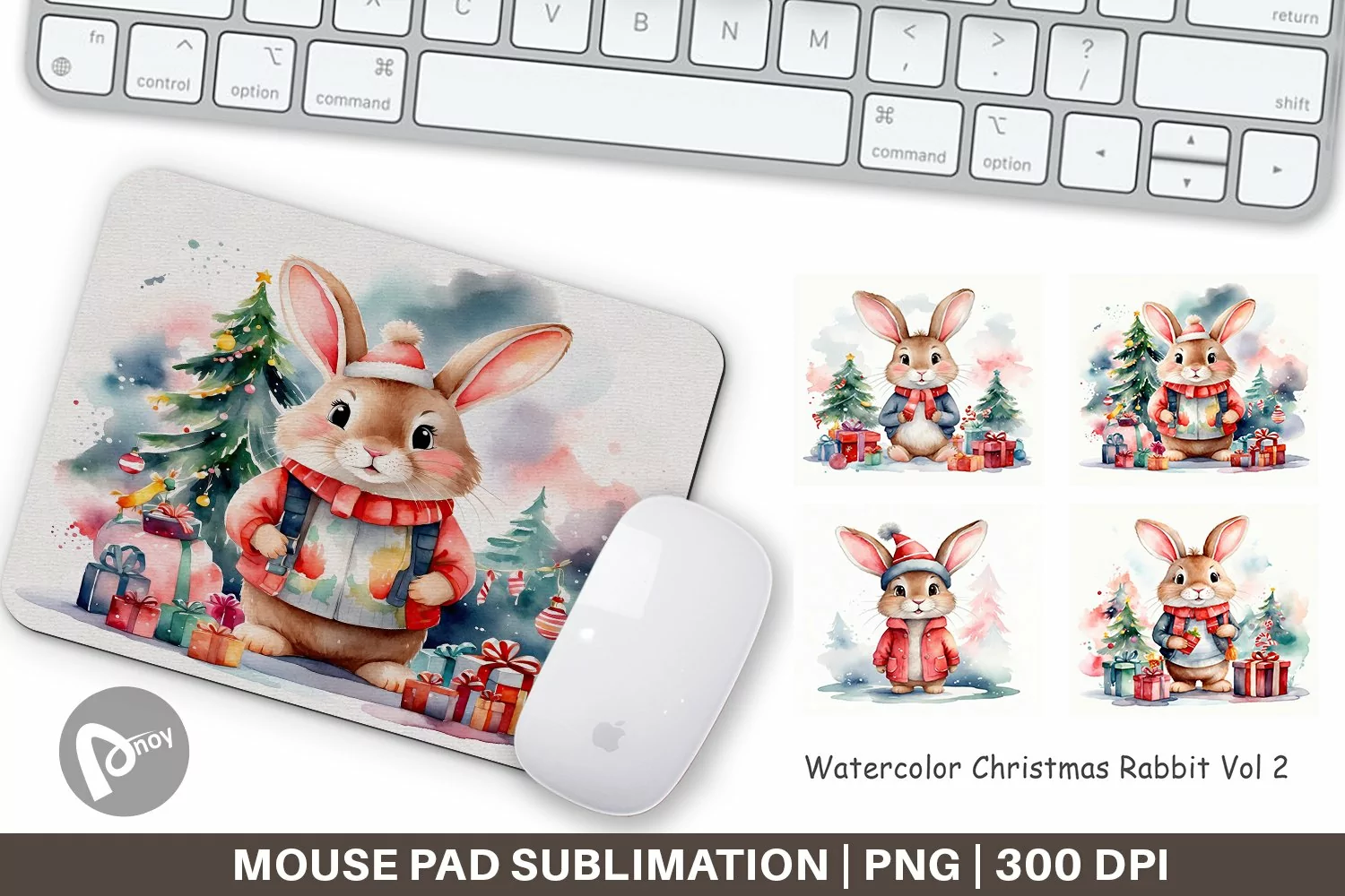 Mouse Pad Watercolor Christmas Rabbit product image 1