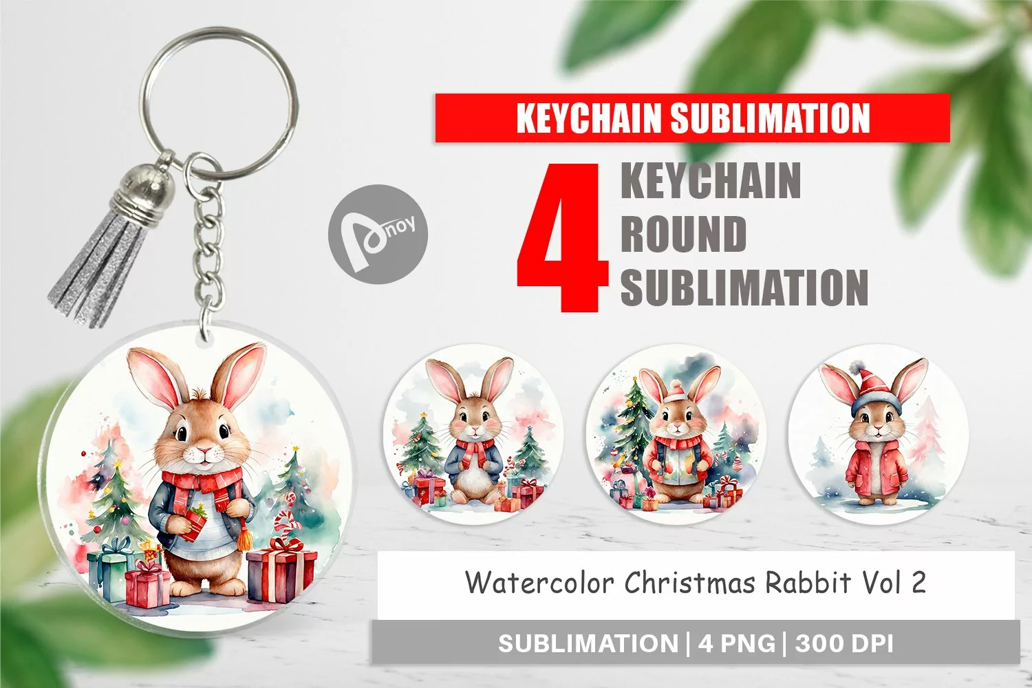 Keychain Watercolor Christmas Rabbit product image 1
