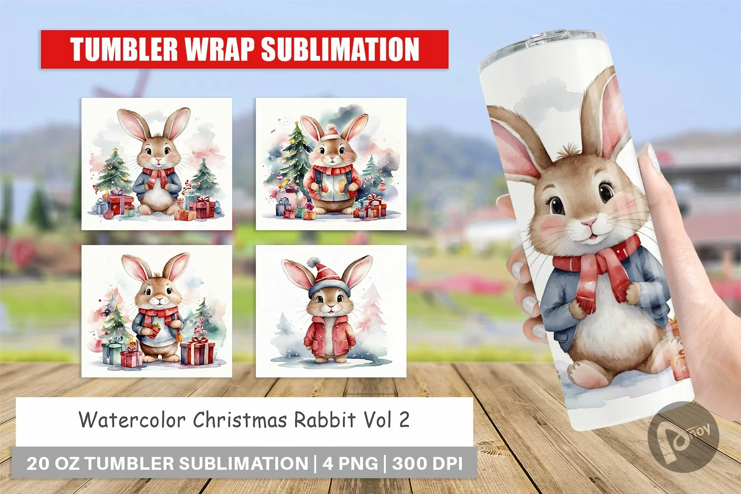 Tumbler Wrap Watercolor Christmas Rabbit product image 1