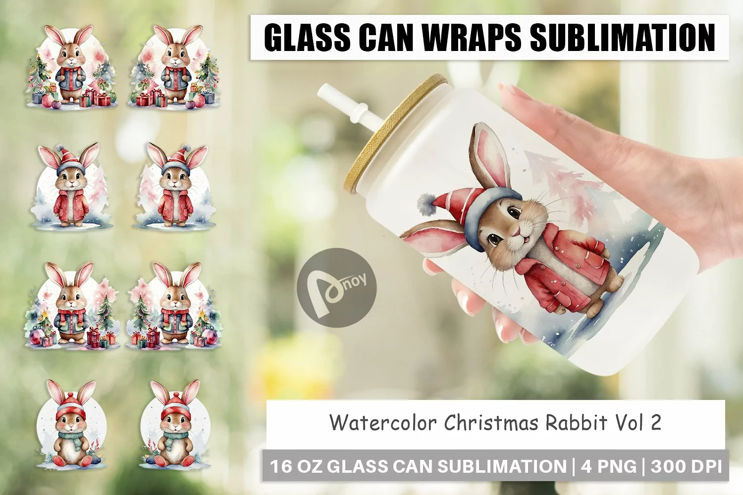 Glass Can Wraps Watercolor Christmas Rabbit product image 1
