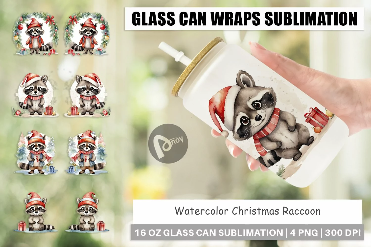 Glass Can Wraps Watercolor Christmas Raccoon product image 1