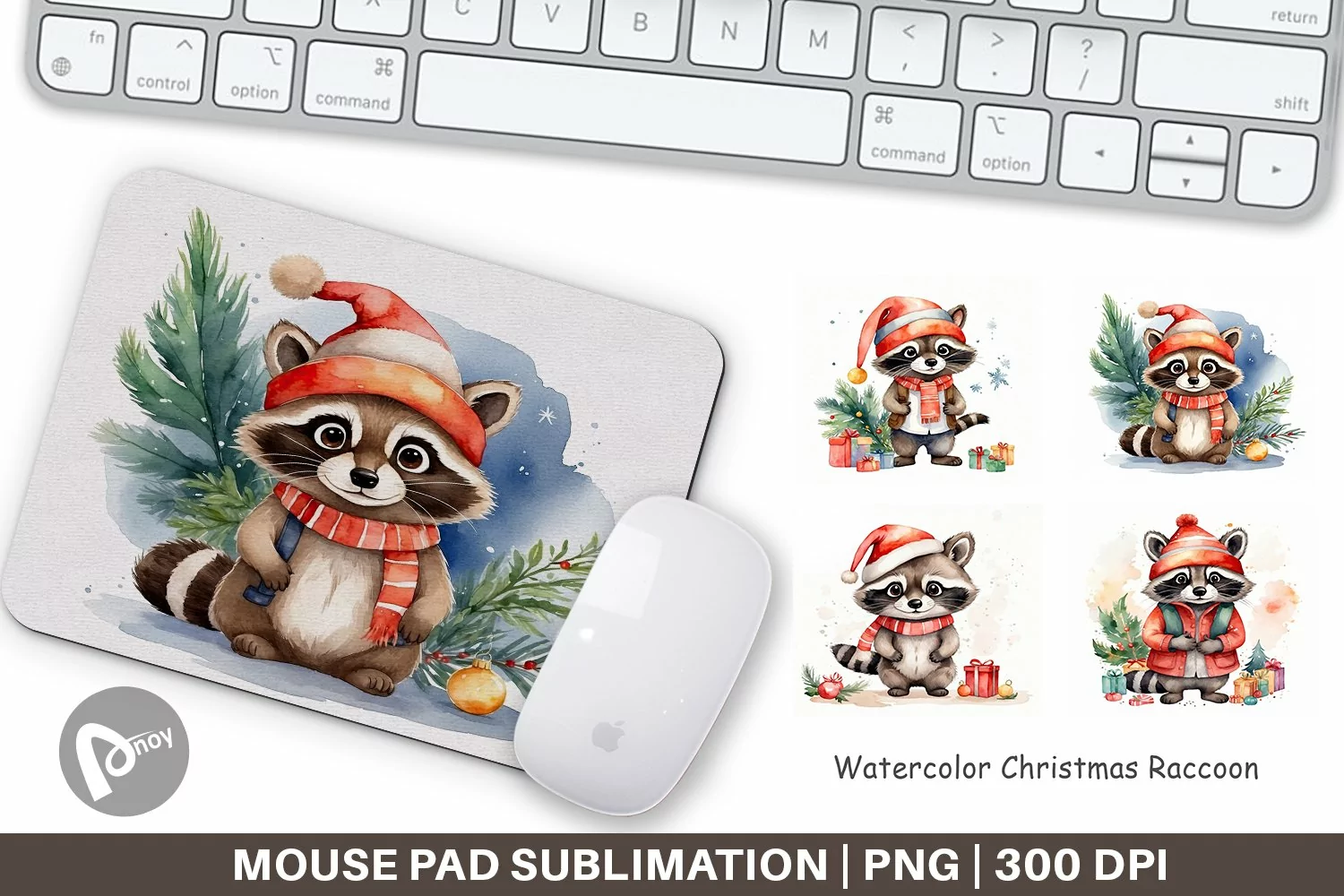 Mouse Pad Watercolor Christmas Raccoon product image 1
