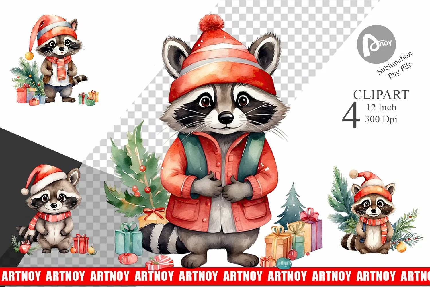 Clipart Watercolor Christmas Raccoon product image 1