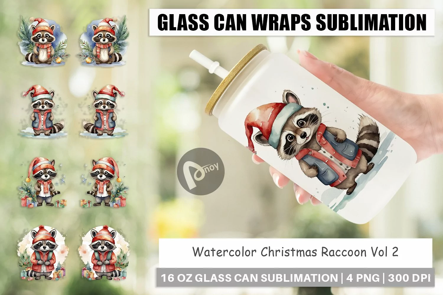Glass Can Wraps Watercolor Christmas Raccoon product image 1